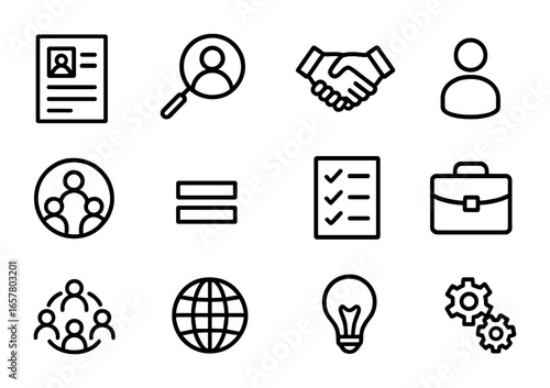 Inclusive Hiring Icons. Outline icon set of inclusive hiring: resume, magnifying glass, handshake, candidate