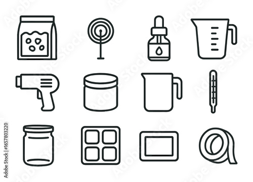 Candle Supplies Icons. Outline icon set of scented candle supplies: wax bag, wick spool, fragrance bottle,