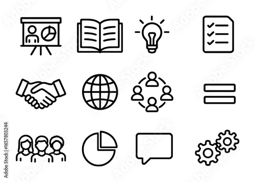 Diversity Training Icons. Outline icon set of training for diversity: presentation board, book, light bulb,