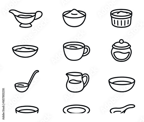 Sauce Dish Icons. Outline icon set of sauce serving dishes: gravy boat, sauce bowl, ramekin, dipping dish,