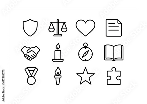 Moral Philosophy Icons. Outline icon set of moral philosophy: shield, balance scale, heart, document,
