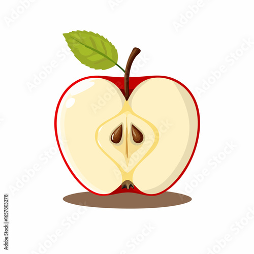 A halved red apple with seeds and a leaf, presented as a colorful illustration.