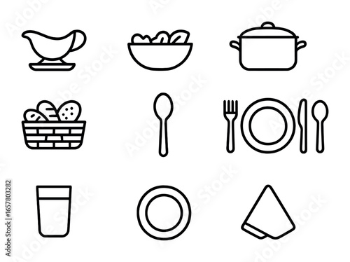 Family Dinner Icons. Outline icon set of casual family dinner: gravy boat, salad bowl, soup pot, bread basket,