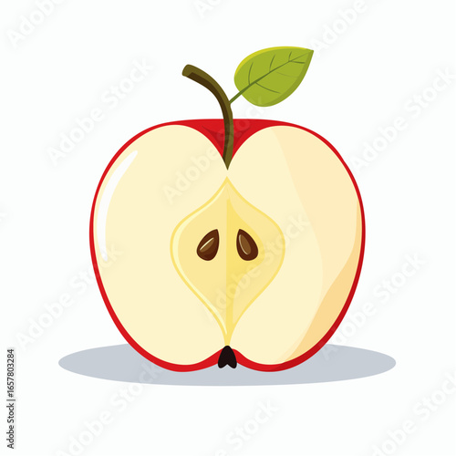 A halved red apple with seeds, stem, and leaf, presented as a vibrant cartoon illustration.