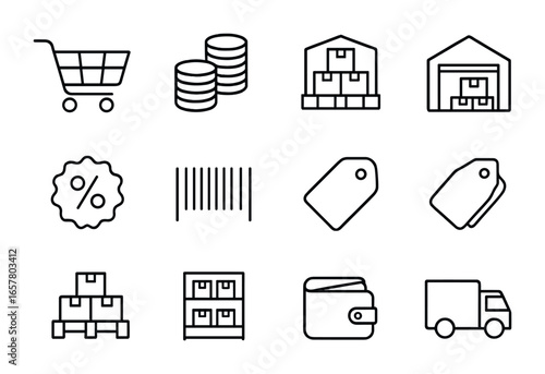 Bulk Buying Icon Set. Outline icon set of bulk buying deals: cart, coin stack, box stack, warehouse icon,