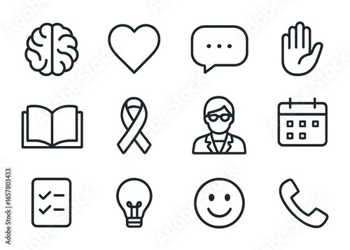 Mental Health Icons. Outline icon set of mental health support: brain icon, heart, speech bubble, helping hand
