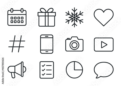 Holiday Icons Grid. Outline icon set of holiday content schedule: calendar, gift box, snowflake, heart,