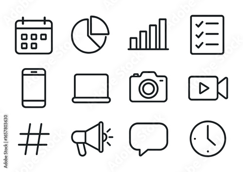 Marketing Review Icons. Outline icon set of monthly marketing review: calendar, pie chart, bar graph,