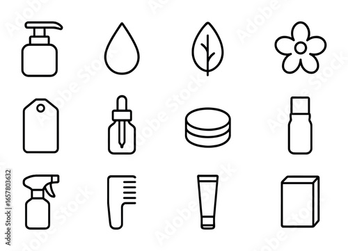 Nourishing Hair Oil Icons. Outline icon set of nourishing hair oils: pump bottle, oil droplet, leaf, flower,