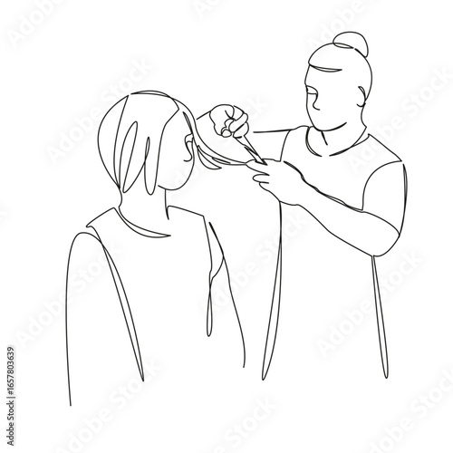 One continuous single drawing line art flat doodle hairdresser, woman, coiffure, client, hair, beauty, beautician, scissors. Isolated image hand draw contour on a white background, hand drawn, not AI