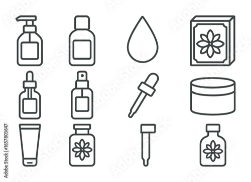 Luxury Hair Serum Icons. Outline icon set of luxury hair serum bottles: glass pump bottle, gold cap, label,