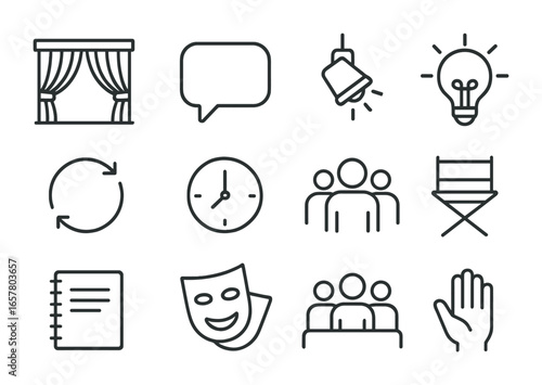 Theater Icons Set. Outline icon set of scene creation exercises: stage, speech bubble, spotlight, light bulb,