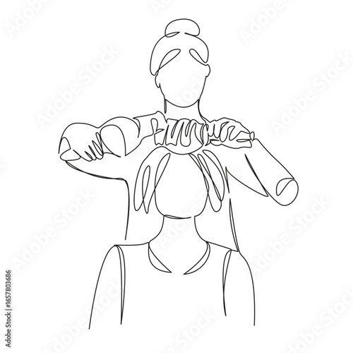 One continuous single drawing line art flat doodle hairdresser, coiffure, woman, client, hair, beauty, professional, care. Isolated image hand draw contour on a white background, hand drawn, not AI