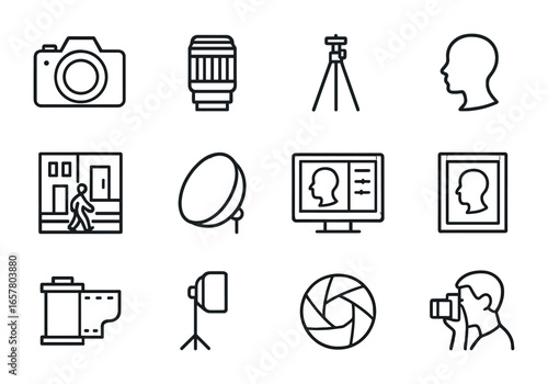 Candid Portrait Icon Set. Outline icon set of candid monochrome portraits: camera, lens, tripod, portrait