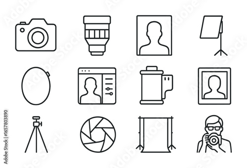 Photography Icons Grid. Outline icon set of professional monochrome portrait sessions: camera, lens, portrait