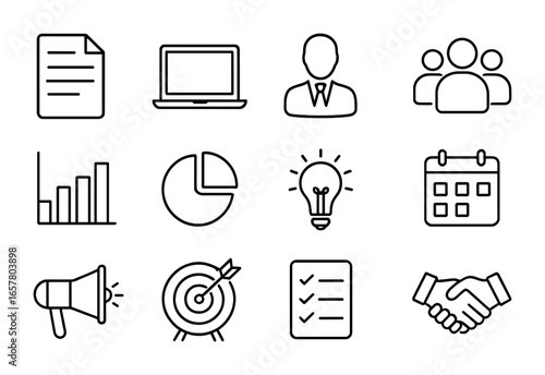 Content Marketing Icons. Outline icon set of content marketing management: document, laptop, manager