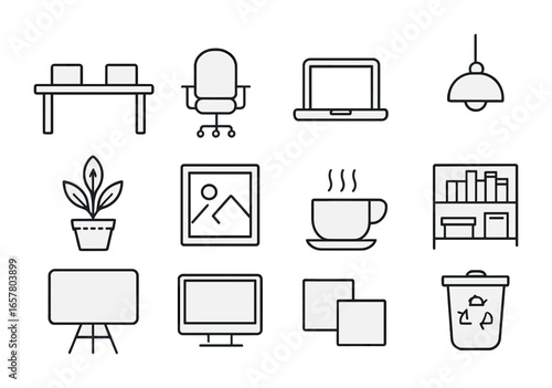Coworking Space Icons. Outline icon set of creative coworking spaces: shared desk, office chair, laptop,