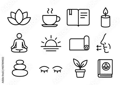 Mindfulness Icon Set. Outline icon set of daily mindfulness routine: lotus flower, cup of tea, journal, candle