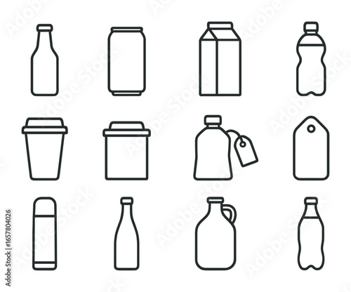 Beverage Packaging Icons. Outline icon set of beverage packaging design: glass bottle, aluminum can, carton