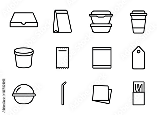 Takeaway Icon Set. Outline icon set of takeaway food packaging: pizza box, paper bag, plastic container,