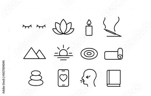 Meditation Icons Set. Outline icon set of visualization meditation: closed eyes, lotus flower, candle, incense