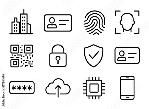 Smart City Icon Set. Outline icon set of smart city identity systems: city skyline, ID card, fingerprint, face