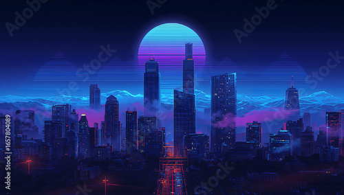 Retro synth wave skyline: sound wave morphing into city blocks, neon blues and magentas, 80s vapor haze