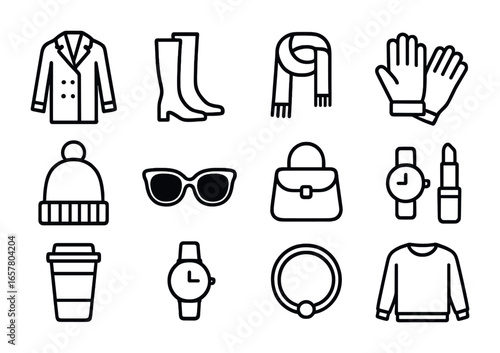 Seasonal Fashion Icons. Outline icon set of seasonal fashion influencers: winter coat, boots, scarf, gloves,