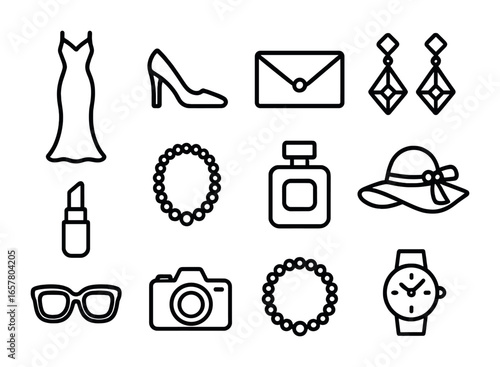 Haute Couture Icons. Outline icon set of haute couture influencers: evening gown, high heels, clutch, diamond