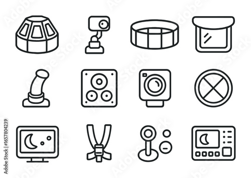 Space Station Module Icons. Outline icon set of space station observation modules: cupola window, camera mount
