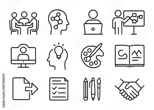 Creative Collaboration Icons. Outline icon set of creative project collaboration: group meeting, mind map,