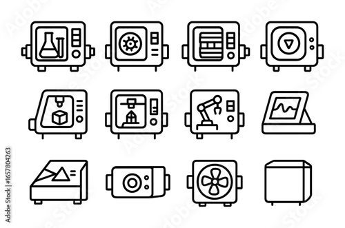 Space Station Icons. Outline icon set of space station experimental modules: microgravity lab, biology rack,