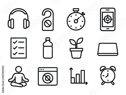 Focus Icons Grid. Outline icon set of focus and concentration techniques: noise-cancelling headphones,