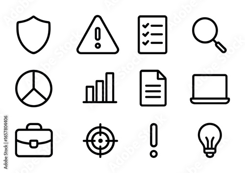 Risk Analysis Icons. Outline icon set of risk analysis: shield, warning triangle, checklist, magnifying glass,