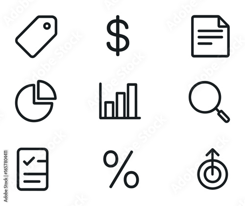 Price Analysis Icons. Outline icon set of price analysis: price tag, dollar symbol, calculator, document, pie