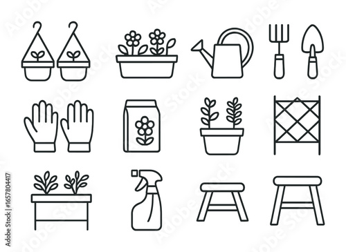 Balcony Gardening Icons. Outline icon set of balcony gardening: hanging pots, flower box, watering can, small