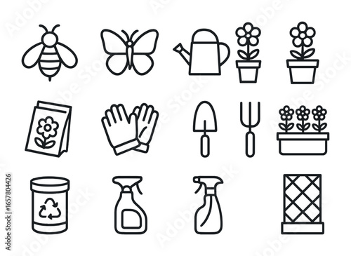 Pollinator Garden Icons. Outline icon set of pollinator-friendly gardens: bee, butterfly, watering can, flower