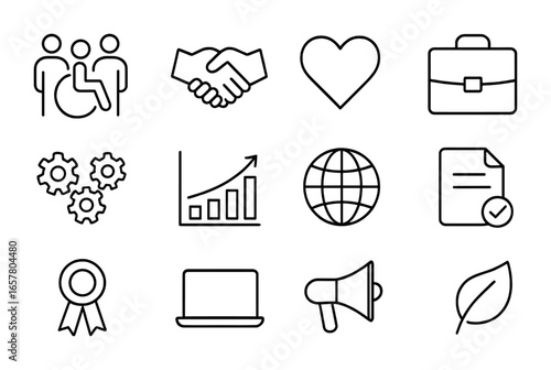 Inclusive Employment Icons. Outline icon set of inclusive employment: group of people, handshake, heart,