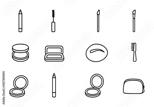 Brow Tool Icons. Outline icon set of eyebrow perfection tools: brow pencil, brow gel, spoolie, angled brush,