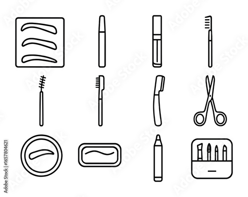 Eyebrow Tool Icons. Outline icon set of eyebrow stencils and tools: brow stencil sheet, brow pencil, brow gel,