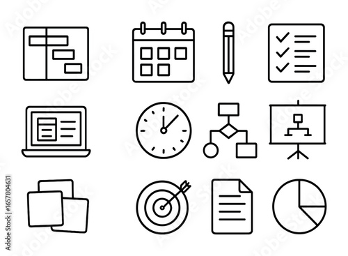 Project Planning Icons. Outline icon set of project planning: Gantt chart, calendar, pencil, checklist, laptop