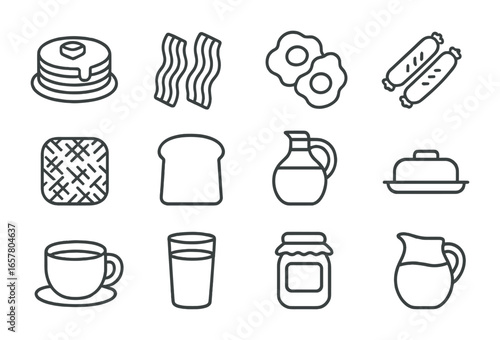 Classic Breakfast Icons. Outline icon set of classic American breakfast: pancake stack, bacon strips,