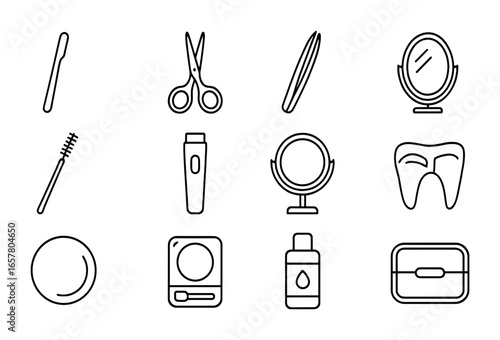 Eyebrow Grooming Tools Icons. Outline icon set of eyebrow grooming tools: brow razor, precision scissors,