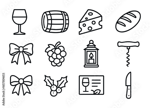 Festive Winery Icons. Outline icon set of festive winery experience: wine glass, wine barrel, cheese wedge,