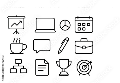 Leadership Icons Grid. Outline icon set of leadership presentation: presentation board, laptop, pie chart,