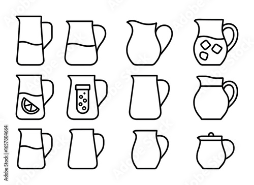 Glass Pitcher Icons. Outline icon set of glass pitchers: tall pitcher, short pitcher, curved handle, spout,