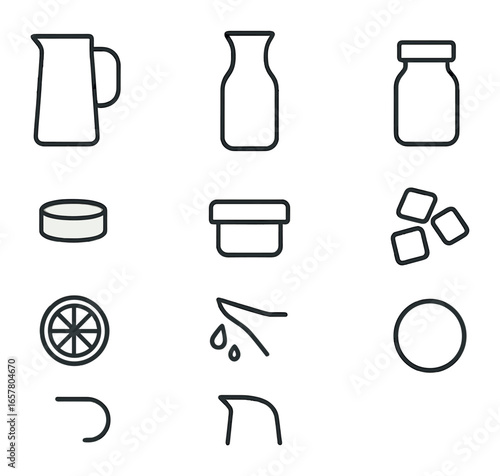Minimalist Water Container Icons. Outline icon set of minimalist water containers: slim glass jug, tall carafe
