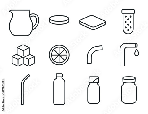 Sustainable Drinkware Icons. Outline icon set of sustainable drinkware: glass jug, stainless steel lid, bamboo