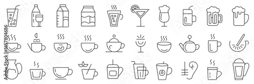 Vector monochrome line icon set about drinks