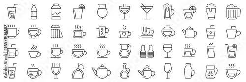 Vector monochrome line icon set about drinks